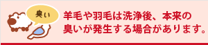 羊毛や羽毛は洗浄後、本来の臭いが発生する場合があります。