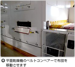 平面乾燥機のベルトコンベアーで布団を移動させます