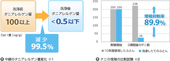 布団クリーニング 丸洗いの効果 中綿のダニアレルゲン量変化 ダニの増殖の比較試験