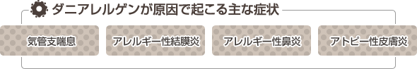 ダニアレルゲンが原因で起こる主な症状 気管支喘息 アレルギー性結膜炎 アレルギー性鼻炎 アトピー性皮膚炎