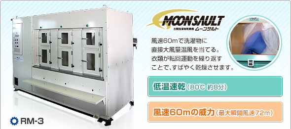 「MOONSAULT（業務用乾燥機&nbsp;ムーンサルト）」風速60ｍで洗濯物に直接大風量温風を当てる。衣類が転回運動を繰り返すことで、すばやく乾燥させます。