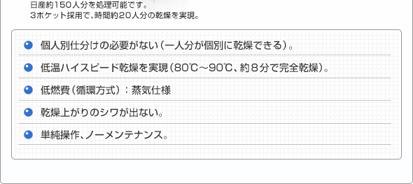 ・個人別仕分けの必要がない（一人分が個別に乾燥できる）。／・低音乾燥が短時間処理できる乾燥機。／・低温ハイスピード乾燥を実現（80℃～90℃、約8分で完全乾燥）。／・低燃費（循環方式）標準機はガス仕様。蒸気仕様はオプション。／・乾燥上がりのシワが出ない。／・単純操作、ノーメンテナンス。　製造元：晃栄興業株式会社（〒561-0835　大阪府豊中市庄本町4-3-1）