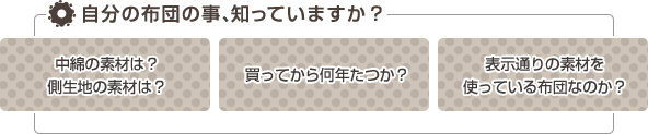 自分の布団の事、知っていますか？ 中綿の素材は？側生地の素材は？買ってから何年たつか？表示通りの素材を使っている布団なのか？