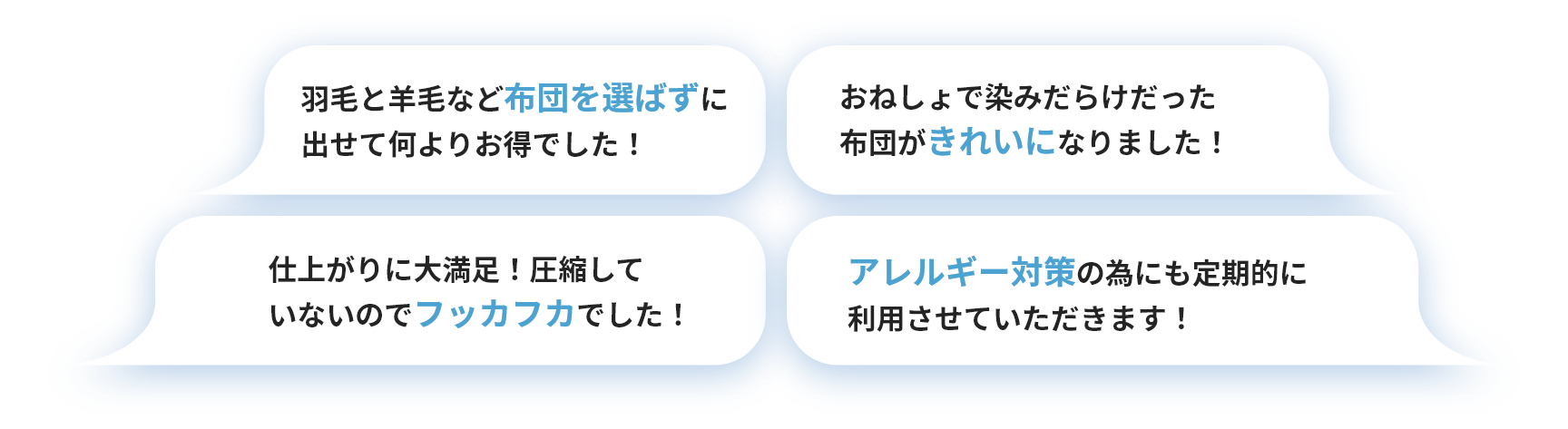 羽毛と羊毛など布団を選ばずに出せて何よりお得でした！ 仕上がりに大満足！圧縮していないのでフッカフカでした！ おねしょで染みだらけだった布団がきれいになりました！ アレルギー対策の為にも定期的に利用させていただきます！