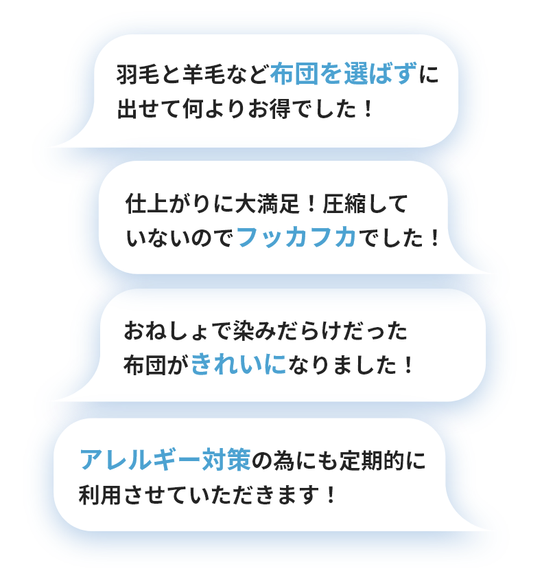 羽毛と羊毛など布団を選ばずに出せて何よりお得でした！ 仕上がりに大満足！圧縮していないのでフッカフカでした！ おねしょで染みだらけだった布団がきれいになりました！ アレルギー対策の為にも定期的に利用させていただきます！