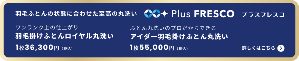 羽毛ふとんの状態に合わせた至高の丸洗いワンランク上の仕上がり羽毛掛けふとんロイヤル丸洗い1枚36,300円（税込）ふとん丸洗いのプロだからできるアイダー羽毛掛けふとん丸洗い1枚55,000円（税込）詳しくはこちら