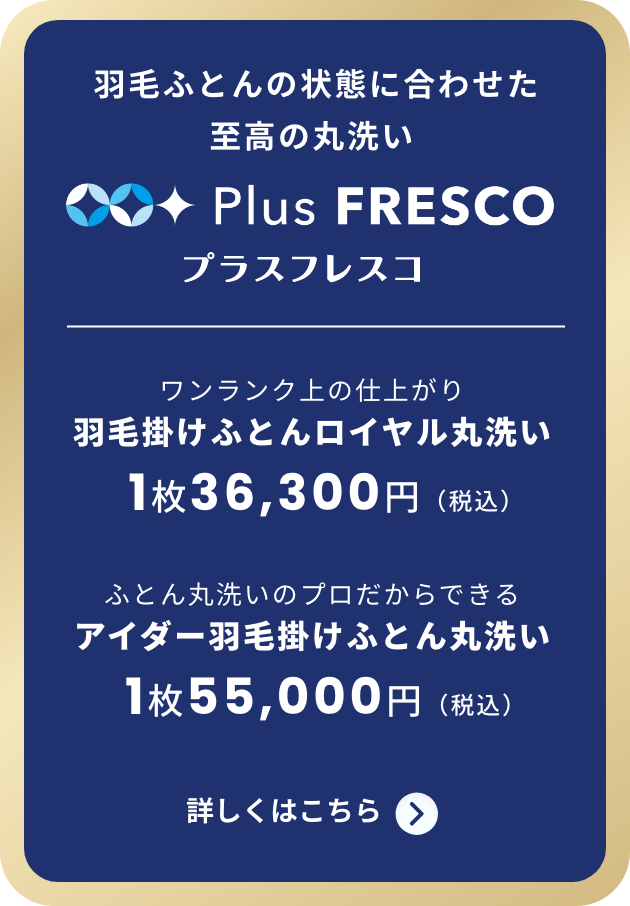 羽毛ふとんの状態に合わせた至高の丸洗いワンランク上の仕上がり羽毛掛けふとんロイヤル丸洗い1枚36,300円（税込）ふとん丸洗いのプロだからできるアイダー羽毛掛けふとん丸洗い1枚55,000円（税込）詳しくはこちら