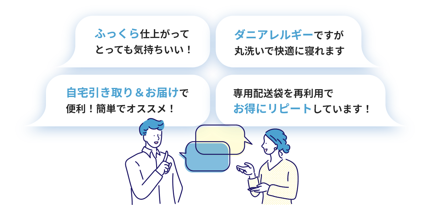 ふっくら仕上がってとっても気持ちいい！ ダニアレルギーですが丸洗いで快適に寝れます 自宅引き取り＆お届けで便利！簡単でオススメ！ 専用配送袋を再利用でお得にリピートしています！