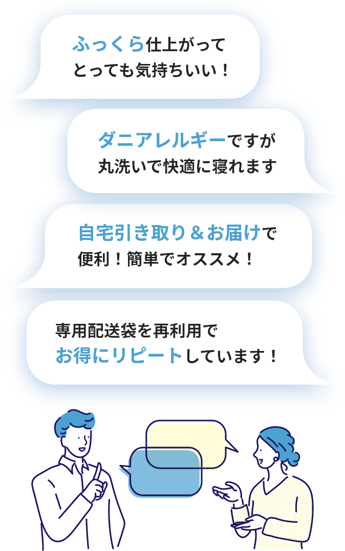 ふっくら仕上がってとっても気持ちいい！ ダニアレルギーですが丸洗いで快適に寝れます 自宅引き取り＆お届けで便利！簡単でオススメ！ 専用配送袋を再利用でお得にリピートしています！