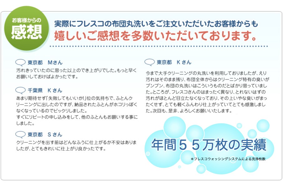 お客様からの感想｜実際にフレスコの布団丸洗いをご注文いただいたお客様からも嬉しいご感想を多数いただいております。