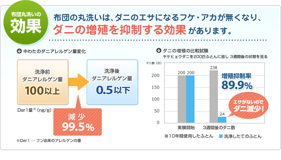 布団丸洗いの効果｜布団の丸洗いは、ダニのエサになるフケ・アカが無くなり、ダニの増殖を抑制する効果があります。